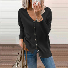 Women's Knit Cardigan | V-Neck & Full Button Front | Ribbed Cuffs & Relaxed Fit | Multi-Colour | Voxeya in Black