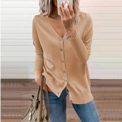 Women's Knit Cardigan | V-Neck & Full Button Front | Ribbed Cuffs & Relaxed Fit | Multi-Colour | Voxeya in Camel