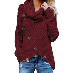 Women's Knit Jumper | Cowl Neck & Asymmetric Hem | Button Detail & Relaxed Fit in Red