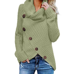 Women's Knit Jumper | Cowl Neck & Asymmetric Hem | Button Detail & Relaxed Fit in Light Green
