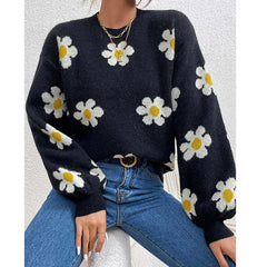 Women's Knit Sweater | Daisy Print & Puff Sleeves | Relaxed Fit Casual Wear | Voxeya in Black
