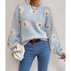 Women's Knit Sweater | Daisy Print & Puff Sleeves | Relaxed Fit Casual Wear | Voxeya in Blue