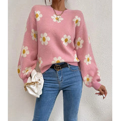 Women's Knit Sweater | Daisy Print & Puff Sleeves | Relaxed Fit Casual Wear | Voxeya in Pink