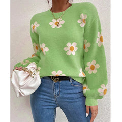 Women's Knit Sweater | Daisy Print & Puff Sleeves | Relaxed Fit Casual Wear | Voxeya in Green