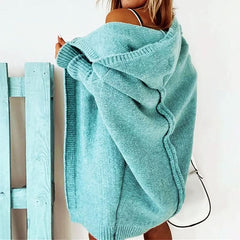 Women's Long Cardigan | Oversized Fit & Hooded | Knee-Length Acrylic Blend | Voxeya in Blue