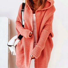 Women's Long Cardigan | Oversized Fit & Hooded | Knee-Length Acrylic Blend | Voxeya in Orange