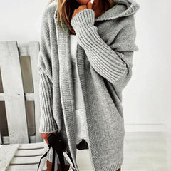 Women's Long Cardigan | Oversized Fit & Hooded | Knee-Length Acrylic Blend | Voxeya in Grey