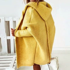 Women's Long Cardigan | Oversized Fit & Hooded | Knee-Length Acrylic Blend | Voxeya in Yellow