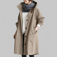 Women's Long Coat | Hooded & Button-Front | Relaxed Fit & Casual Wear | Voxeya in Khaki