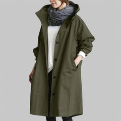 Women's Long Coat | Hooded & Button-Front | Relaxed Fit & Casual Wear | Voxeya in Green
