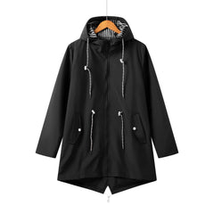 Women's Longline Jacket | Hooded & Drawcord Detail | Relaxed Fit Casual Outerwear | Voxeya in Black