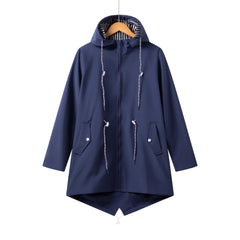 Women's Longline Jacket | Hooded & Drawcord Detail | Relaxed Fit Casual Outerwear | Voxeya in Navy Blue