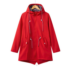 Women's Longline Jacket | Hooded & Drawcord Detail | Relaxed Fit Casual Outerwear | Voxeya in Red