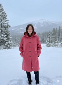 Women's Longline Winter Coat | Hood & Notch Lapel | Warm & Versatile in Pink
