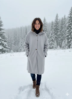 Women's Longline Winter Coat | Hood & Notch Lapel | Warm & Versatile in Grey