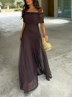 Women's Maxi Dress | Off-Shoulder & Floor-Length | Elegant Evening Wear | Brown | Voxeya in Brown