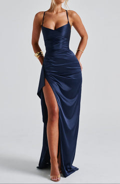 Women's Maxi Dress | Satin Finish &amp; Thigh-High Slit | Fitted Bodice | Formal Evening | Voxeya in Navy Blue