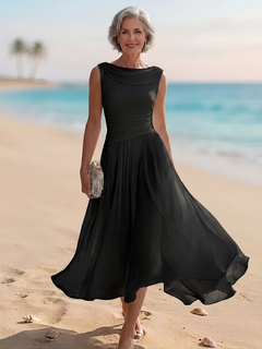 Women's Midi Dress | Draped Neckline & Pleated A-Line Skirt | Elegant Cocktail & Formal Wear | Voxeya in Black