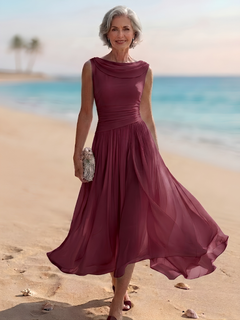 Women's Midi Dress | Draped Neckline & Pleated A-Line Skirt | Elegant Cocktail & Formal Wear | Voxeya in Burgundy