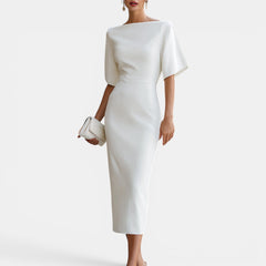 Women's Midi Dress | Elegant Boat Neck &amp; Tailored Fit | Formal &amp; Cocktail | White | Voxeya in White
