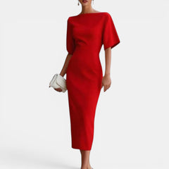 Women's Midi Dress | Elegant Boat Neck &amp; Tailored Fit | Formal &amp; Cocktail | White | Voxeya in Red