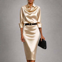 Women's Midi Dress | Satin Fabric &amp; Cowl Neck | Fitted Silhouette &amp; Evening Wear | Voxeya in Beige