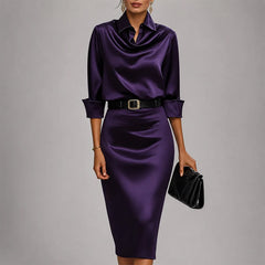 Women's Midi Dress | Satin Fabric &amp; Cowl Neck | Fitted Silhouette &amp; Evening Wear | Voxeya in Purple