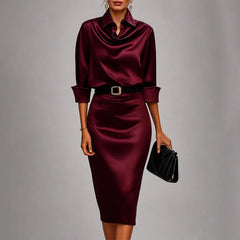 Women's Midi Dress | Satin Fabric &amp; Cowl Neck | Fitted Silhouette &amp; Evening Wear | Voxeya in Red