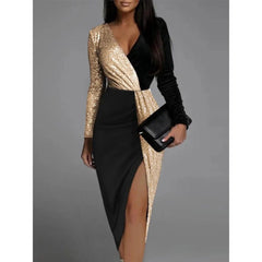 Women's Midi Dress | Sequins &amp; V-Neck | Fitted Glamorous Evening Wear | Voxeya in Black Gold