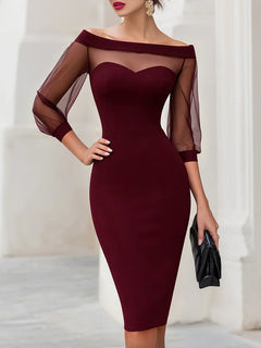 Women's Off-Shoulder Midi Dress | Sheer Illusion & Sweetheart Neckline | Slim Fit Evening Wear | Voxeya in Burgundy
