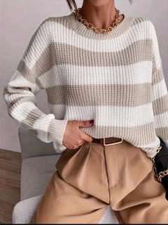 Women's Oversized Sweater | Chunky Knit & Striped Design | Casual Comfort | Voxeya in Khaki