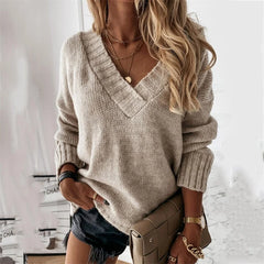 Women's Oversized Sweater | Chunky Knit & V-Neck | Cosy Casual Layering | Voxeya in Light Brown