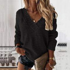 Women's Oversized Sweater | Chunky Knit & V-Neck | Cosy Casual Layering | Voxeya in Black