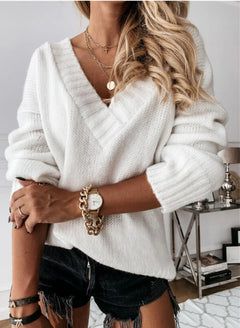 Women's Oversized Sweater | Chunky Knit & V-Neck | Cosy Casual Layering | Voxeya in White