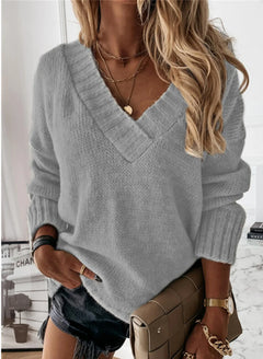 Women's Oversized Sweater | Chunky Knit & V-Neck | Cosy Casual Layering | Voxeya in Gray