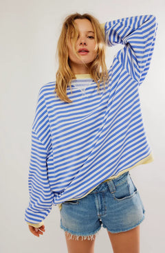 Women's Oversized Sweatshirt | Bold Stripes &amp; Contrast Trim | Lightweight Knit Casual Wear | Voxeya in Sky Blue