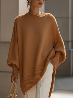 Women's Oversized Wool Blend Sweater | Asymmetrical Hem & Drop Shoulders | Relaxed Fit Knitwear | Voxeya in Brown