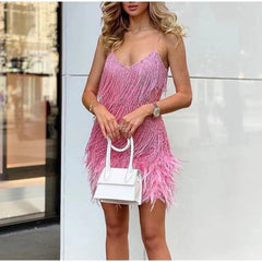 Women's Party Dress | Sequin & Feather Hem | Fitted Silhouette & Spaghetti Straps | Voxeya in Pink