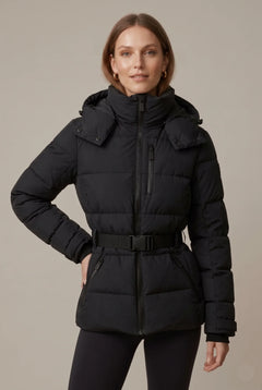 Women's Puffer Jacket | Quilted & Belted Waist | Adjustable Hood & Ribbed Cuffs | Casual Winter Wear | Voxeya in Black