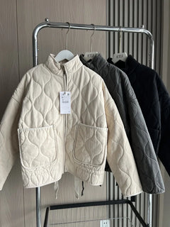 Women's Quilted Jacket | High Collar & Large Patch Pockets | Lightweight Winter Coat | Black | Voxeya in Beige