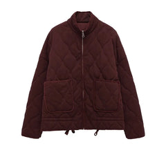 Women's Quilted Jacket | High Collar & Large Patch Pockets | Lightweight Winter Coat | Black | Voxeya in Burgundy