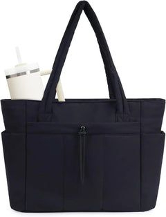 Women's Quilted Puffer Tote Bag | Tumbler Holder & Padded Laptop Sleeve | Lightweight & Organised | Voxeya in Black
