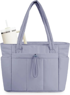 Women's Quilted Puffer Tote Bag | Tumbler Holder & Padded Laptop Sleeve | Lightweight & Organised | Voxeya in Blue