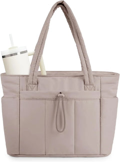 Women's Quilted Puffer Tote Bag | Tumbler Holder & Padded Laptop Sleeve | Lightweight & Organised | Voxeya in Beige