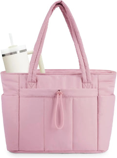 Women's Quilted Puffer Tote Bag | Tumbler Holder & Padded Laptop Sleeve | Lightweight & Organised | Voxeya in Pink