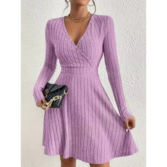 Women's Ribbed Knit Mini Dress | Wrap Front & V-Neckline | Fitted Waist & Flared Skirt | Voxeya in Light Purple