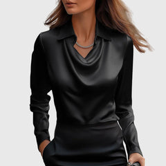 Women's Satin Blouse | Pleated Neckline & Relaxed Fit | Versatile Occasion Wear | Dark Khaki | Voxeya in Black