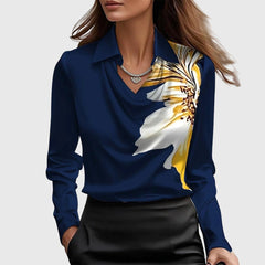 Women's Satin Blouse | Pleated Neckline & Relaxed Fit | Versatile Occasion Wear | Dark Khaki | Voxeya in Dark Blue