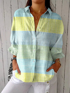 Women's Shirt | Pastel Plaid & Button Down | Relaxed Fit & Long Sleeve | Voxeya in Yellow