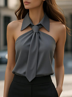 Women's Sleeveless Halter Blouse | Neck Tie Detail &amp; Structured Collar | Loose Fit &amp; Blended Fabric | Khaki | Voxeya in Dark Gray